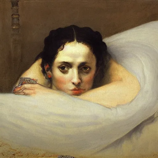 Prompt: tattooed woman with head covered by a sheet laying in bed, intricate, elegant, highly detailed, oil canvas, symmetrical face, by gustave courbet, francisco goya