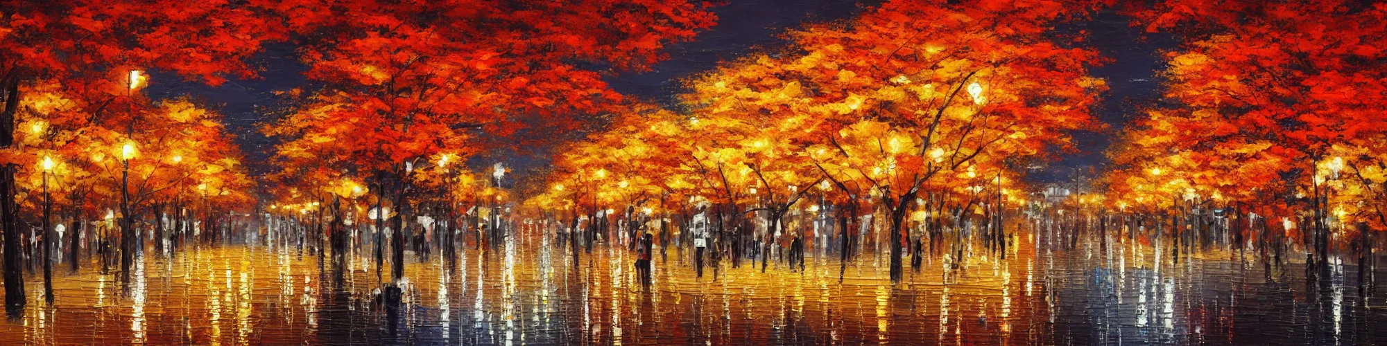 Prompt: painting of autumn japanese city landscape during night, award winning painting, beautiful, breathtaking, stunning scenery, trending on artstation, masterpiece