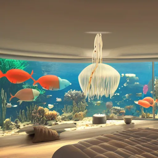 Image similar to the realistic photo of the modern fashionable room as aquarium with a chandelier as a big jellyfish, beautiful corals on the walls and sharks in the big panoramic window, a lot of gleans, under the ocean, realistic colors, realistic shadows, daylight made in blender, hd, 3 d by beeple and by greg rutkowski