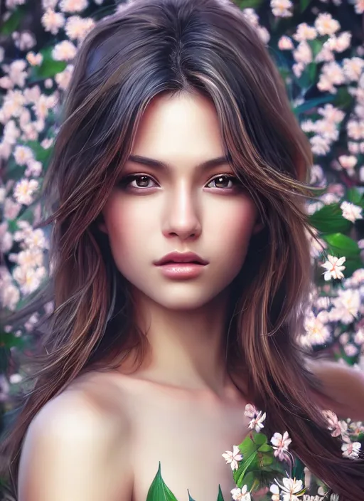 Image similar to photo of a gorgeous female in the style of stefan kostic, realistic, half body shot, sharp focus, 8 k high definition, insanely detailed, intricate, elegant, art by stanley lau and artgerm, extreme bokeh foliage