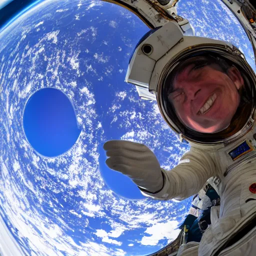 Image similar to two astronauts looking down at the camera, fish-eye lens, 15mm