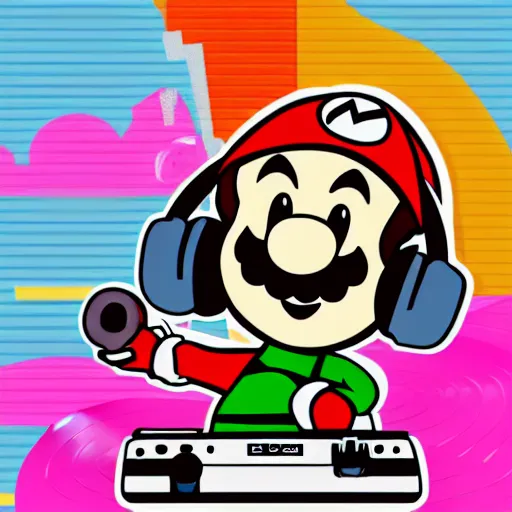 Image similar to svg sticker of a Pop-Wonder SuperMario, Mario-Wearing-a-red-hat, at a rave, spinning records, giant headphones rocking out, wearing headphones, huge speakers, dancing, rave, DJ, spinning records, digital art, amazing composition, rule-of-thirds, award-winning, trending on artstation, featured on deviantart