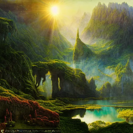 Image similar to a beautiful and highly detailed matte painting of the lost land by a beautiful lake, bright sunlight, celtic, psychedelic, epic scale, insanely complex, hyperdetailed, sharp focus, hyperrealism, artstation, cgsociety, 8 k, bright colors, by caspar friedrich, albert bierstadt, james gurney, brian froud,