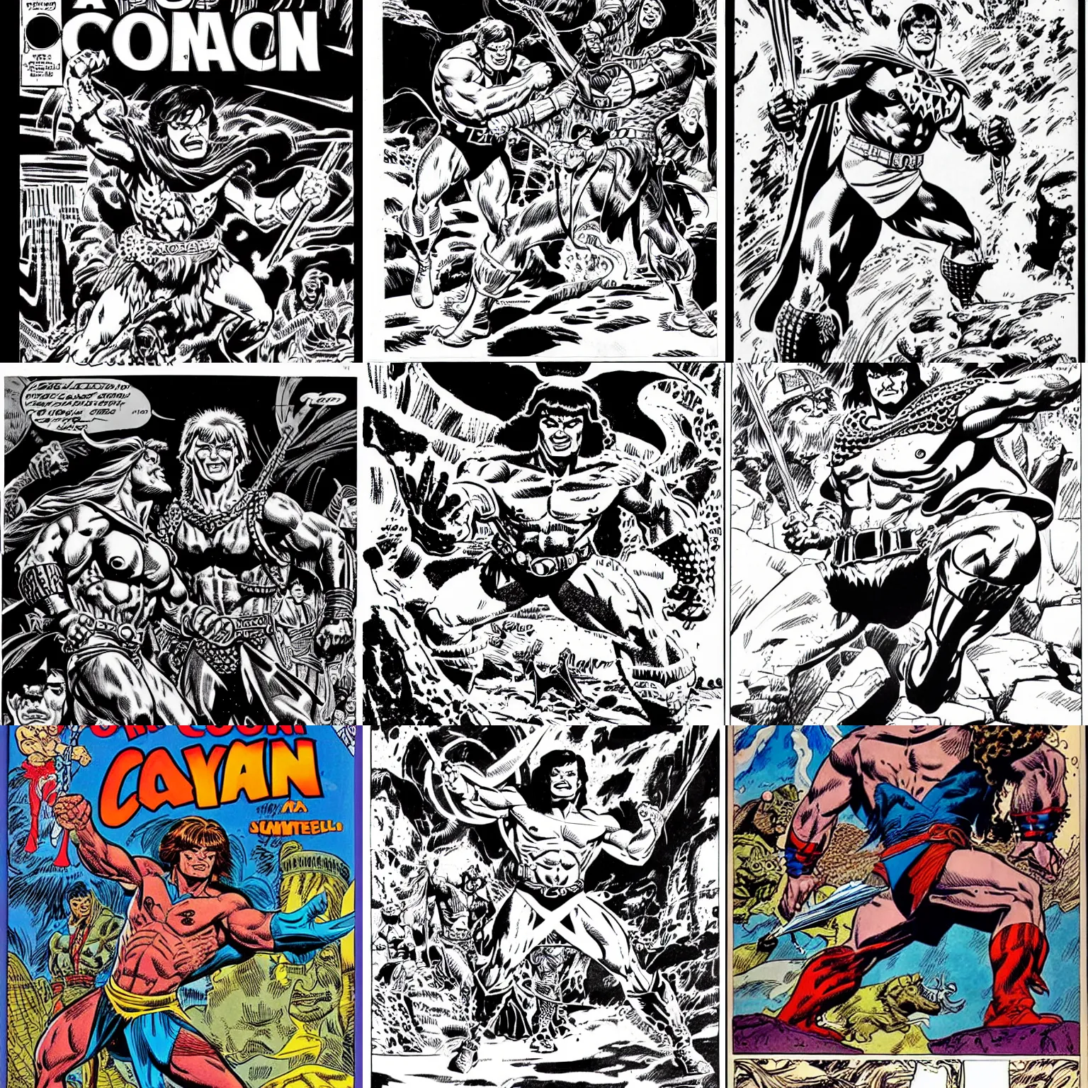 Prompt: a conan comic splashpage drawn by john buscema and inked by alfredo alcala