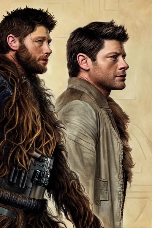 Image similar to a detailed matte portrait of jensen ackles dressed as has solo and misha collins as chewbacca, masterpiece, 8 k, art by alphonse mucha and greg rutkowski