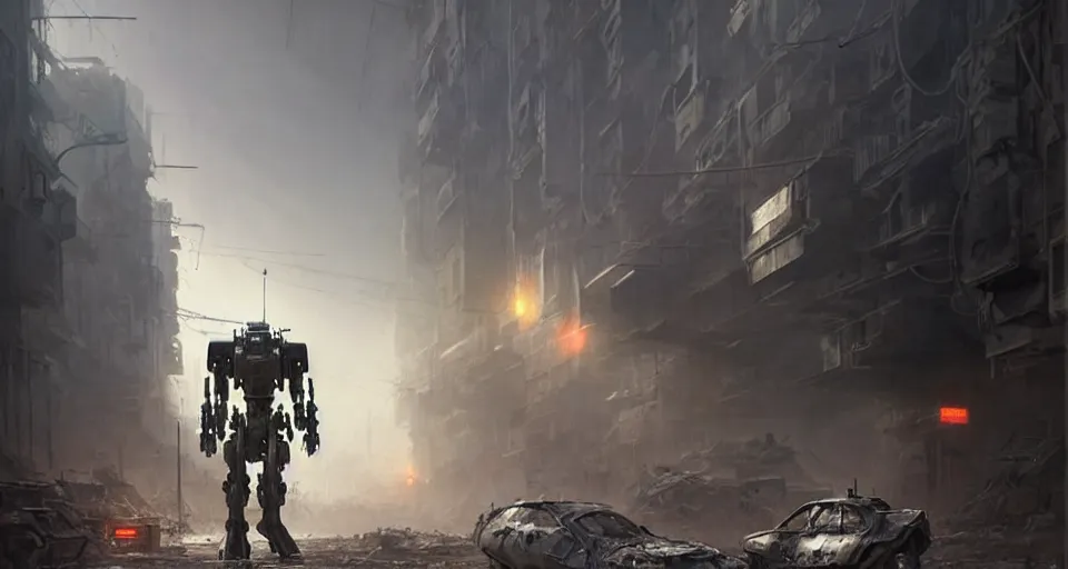 Image similar to hyper realistic sci - fi matte concept art painting of a mecha walking down a war torn street, beautiful details, strong composition painted by kim jung guweta studio rutkowski, james gurney and greg rutkowski, and lucasfilm, smooth, intricate, detailed, sharp focus, cinematic