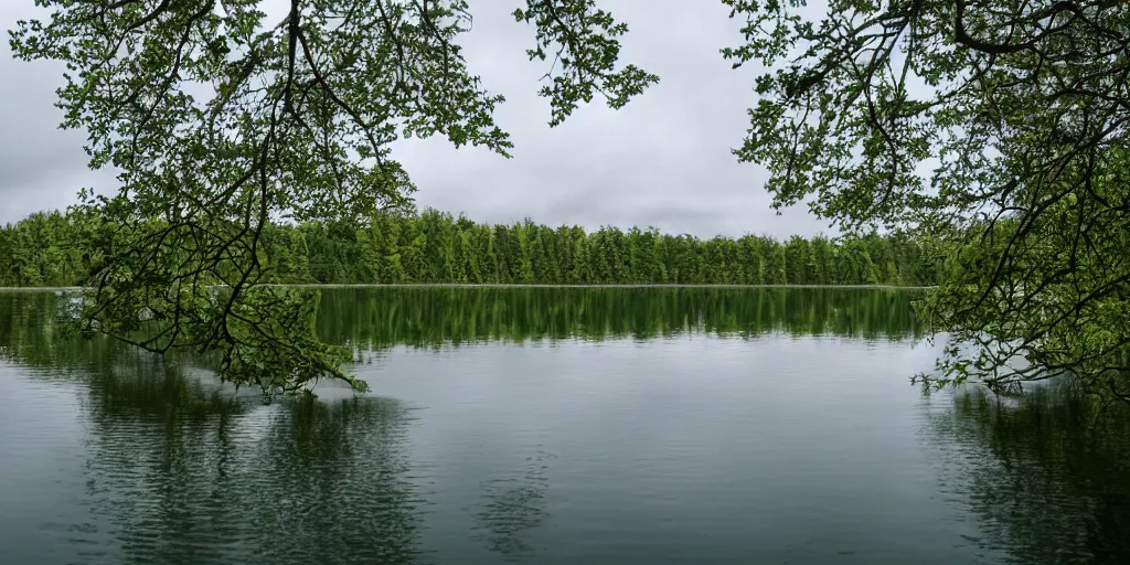 Image similar to centered photograph of a infintely long rope zig zagging across the surface of the water into the distance, floating submerged rope stretching out towards the center of the lake, a dark lake on a cloudy day, color film, trees in the background, hyper - detailed photo, anamorphic lens