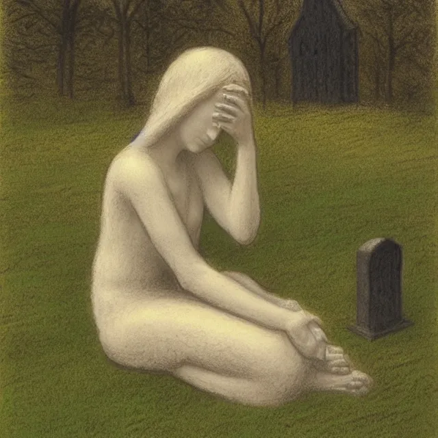 Prompt: statue of a crying angel sitting by a grave, graveyard with a church in a forest meadow landscape, pastel drawing