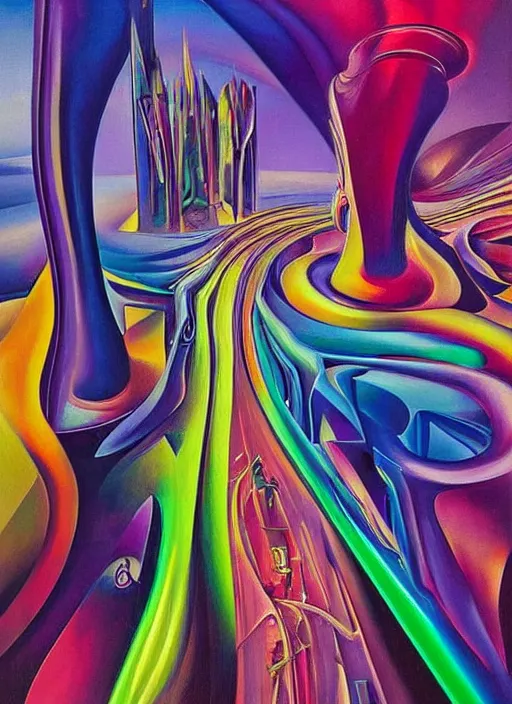 Image similar to an extremely high quality hd surrealism painting of a 3d galactic neon complimentary-colored cartoony surrealism melting optically illusiony high-contrast zaha hadid city street by kandsky and salvia dali the second, salvador dali's much much much much more talented painter cousin, clear shapes, 8k, flowing, ultra realistic, super realistic