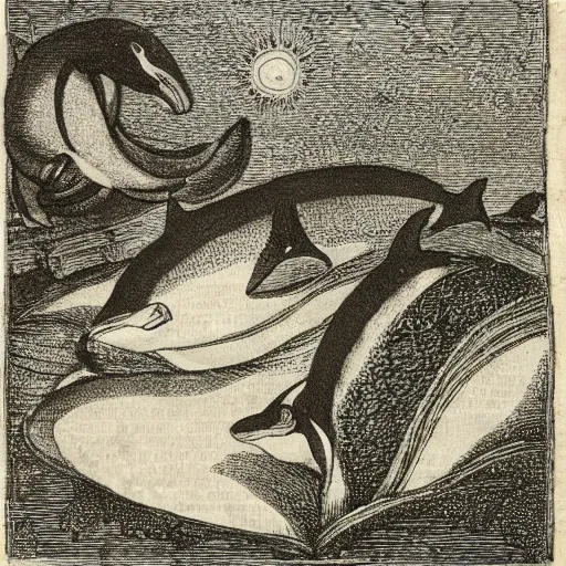 Image similar to orcas reading from a magical book, engraving from 1700s