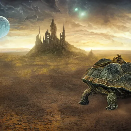 Image similar to gargantuan tortoise with a large fantasy castle armor walking through a sandy wasteland, inspired by howls moving castle and mortal engines, mid - distant shot centered birds eye view, fantasy, hyper detailed, 4 k