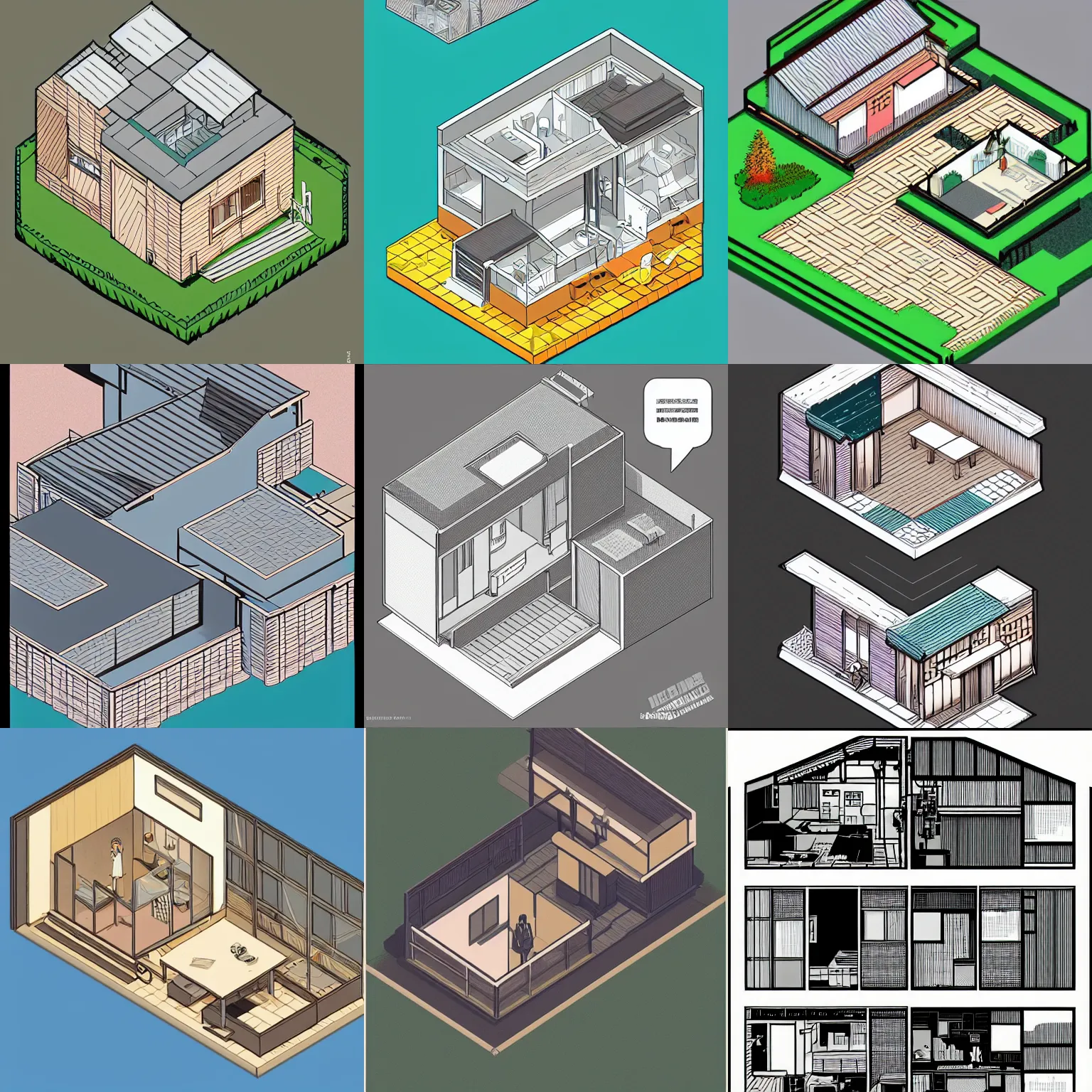 Prompt: isometric simple japanese house by laurie greasley and john harris howe