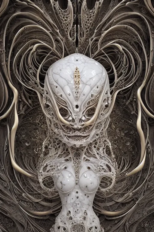 Prompt: carved white marble female biomechanical sculpture, realistic face, persian rug, Mandelbulb 3d fractal, trending on artstation, subtle gold accents, beautifully lit, by zdzislaw beksinski, tsutomu nihei, peter mohrbacher, hyper detailed, insane details, intricate, elite, ornate, elegant, luxury, dramatic lighting, cgsociety, hypermaximalist, golden ratio, environmental key art, octane render, weta digital, micro details, structure, ray trace, 4k, epic, masterpiece