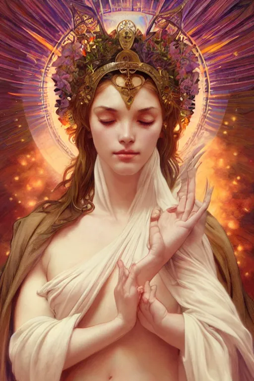 Image similar to goddess of love and peace, accurate anatomy, only two hands, highly detailed, digital painting, artstation, concept art, smooth, sharp focus, illustration, Unreal Engine 5, 8K, art by artgerm and greg rutkowski and alphonse mucha