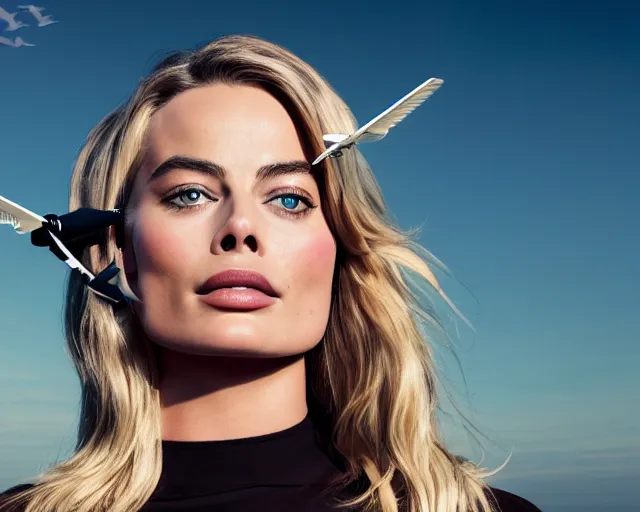 Image similar to a photo of margot robbie sitting on a flying helicopter, hyper realistic face, beautiful eyes, cinematic, long shot, hyper detailed, 8 5 mm photograph, 8 k resolution, film still, sharp lens, wide lens