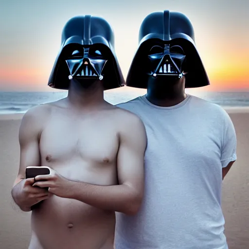 Prompt: beautiful serene intricate portrait of darth vader and darth vader taking a selfie, relaxing on the beach, golden hour, soft focus, 8 k, art by irakli nadar, hyperrealism, hyperdetailed, ultra realistic