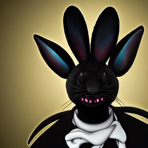 Image similar to A extremely highly detailed majestic hi-res beautiful, highly detailed head and shoulders portrait of a scary terrifying, horrifying, creepy goofy evil black cartoon rabbit with scary big eyes, earing a shirt laughing, hey buddy, let's be friends, in the style of Walt Disney