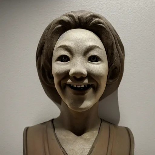 Prompt: a strange looking bust of a 1 9 years old japanese girl, smiling, found in the vent system