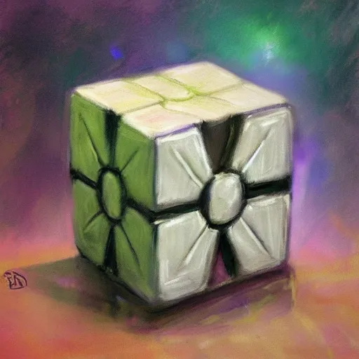 Image similar to beautiful impressionist painting of companion cube