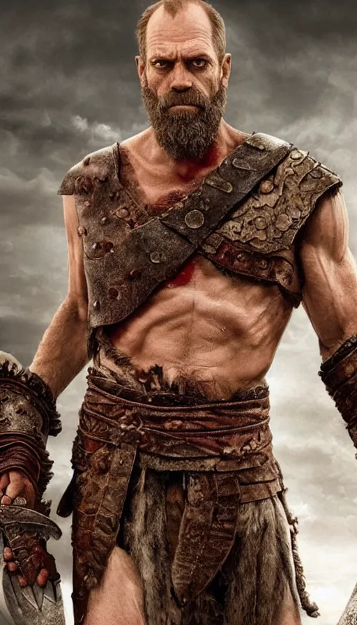 Image similar to hugh laurie as god of war, masculine, sweaty, intricate, warrior clothing and holding his great sword, hero, intricate, symmetrical features, highly - detailed,