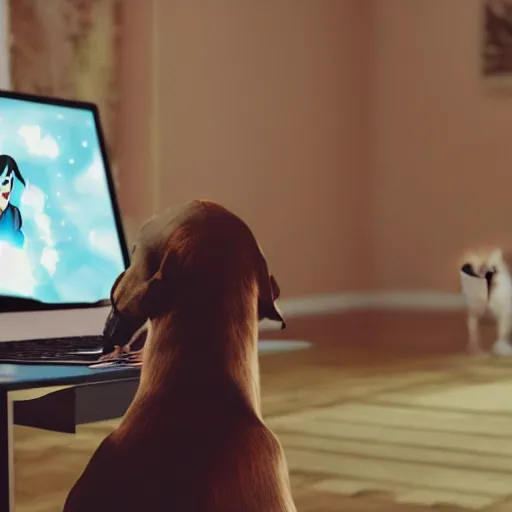 Image similar to still of woman working on her website, disney, comic book style, the dog is doing a ballet dance, highly detailed, 16k resolution, octane renderer, coherent