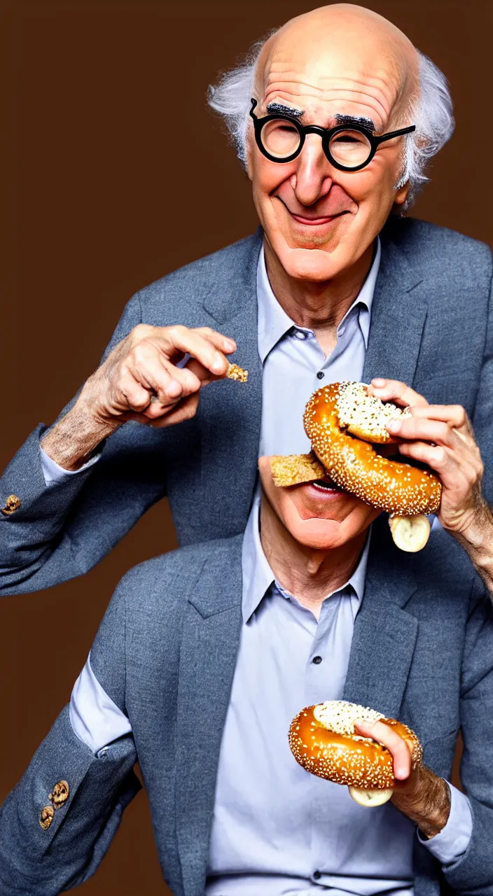 Image similar to larry david eating a bagel in the style of salvador dali hyper realistic, 8 k, hd