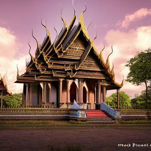 Prompt: thailand gothic revival architecture, by marc simonetti, natural volumetric lighting, realistic 4k octane beautifully detailed render, 4k post-processing, Architecture, buildings, Extreme long shot, extreme wide shot, Autochrome,