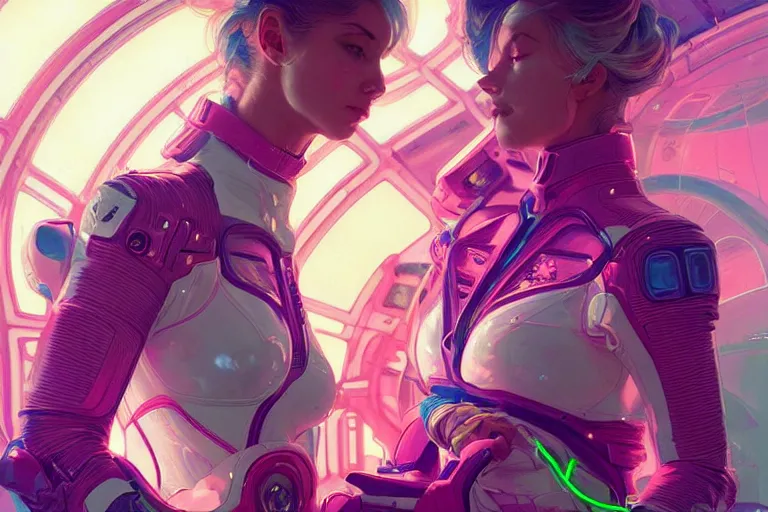 Image similar to Exhausted good looking young women wearing neon colored armour suits in a space station, elegant, intricate, retrofuturistic digital painting, artstation, concept art, smooth, sharp focus, illustration, art by artgerm and greg rutkowski and alphonse mucha