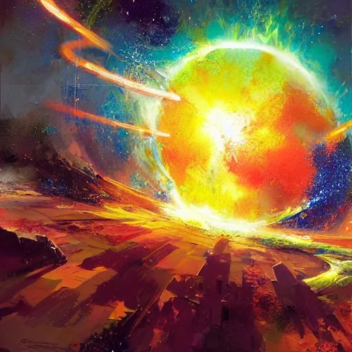 Prompt: a planet exploding, beautiful, exploding planet illuminated by its own explosion, vibrant, colourful explosion, beautiful, by craig mullins
