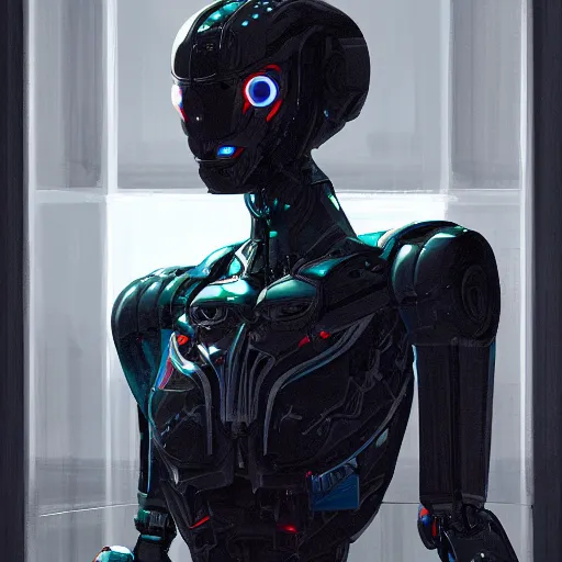 Prompt: professional concept art portrait of a predatory robotic species in a dark room by cam sykes. an intricate, elegant, highly detailed digital painting, concept art, smooth, sharp focus, illustration, in the style of syd mead.