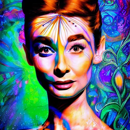 Prompt: An extremely psychedelic portrait of Audrey Hepburn, surreal, LSD, face, detailed, intricate, elegant, lithe, highly detailed, digital painting, artstation, concept art, smooth, sharp focus, illustration