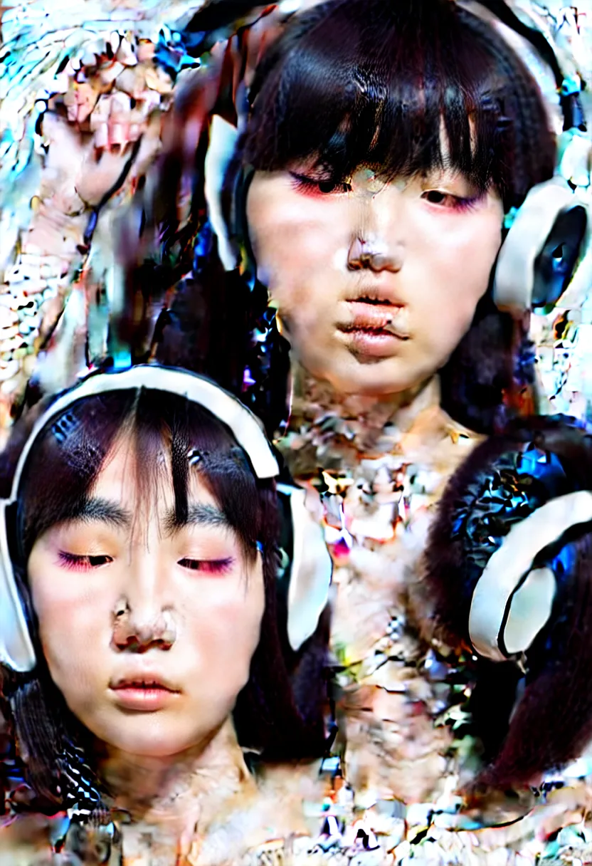 Prompt: headshot, japanese young woman, headphones listening to music, elegant as fashion editorial shot, highly detailed, smooth, sharp focus, photo by vogue