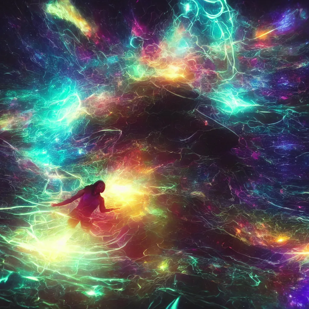 Image similar to letting go of reality and experiencing the quantum field and the cosmic void and the opalescent web of interconnectedness between all things. matte painting comic book art, cinematic, highly detailed, realistic, beautiful cosmic neural network, octane render, unreal engine, depth of field, trending on artstation, sharp focus, philosophical splashes of colors