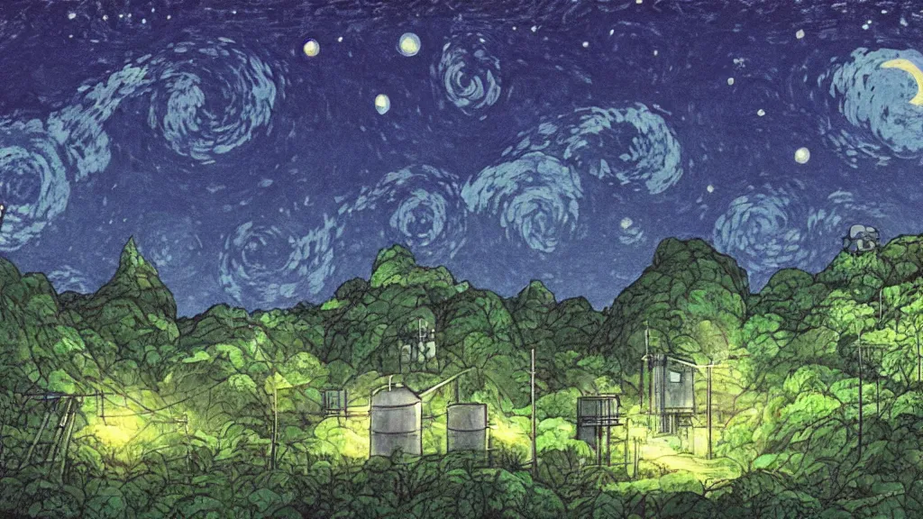 Image similar to a movie still from a studio ghibli film showing s a mine runoff storage facility in the rainforest on a misty and starry night. by studio ghibli