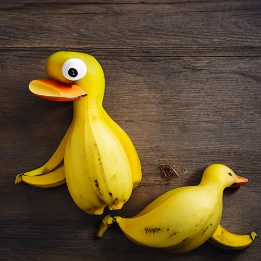 Image similar to professional photograph of banana ducks, peeled bananas with googly eyes and duck beaks