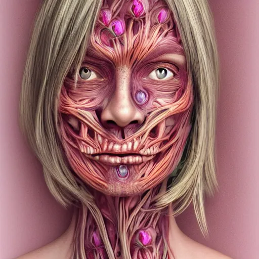 Image similar to beatifull frontal face portrait of a woman, 150 mm, anatomical, flesh, flowers, mandelbrot fractal, facial muscles, veins, arteries, symmetric, intricate