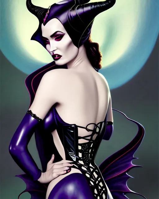 Image similar to new art nouveau portrait of fantasy succubus maleficent megan fox wearing a latex corset, anna dittmann, patrick nagle, charlie bowater and loish. long windblown hair, very large, clear, expressive, and intelligent eyes, ultrasharp focus, dramatic lighting, photorealistic digital matte painting, intricate ultra detailed background.