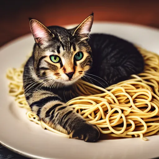 Image similar to professional photography of a cat sitting on a plate of spaghetti