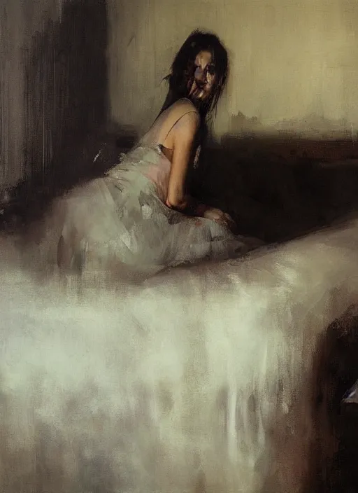 Image similar to portrait painting of a woman in an artistic pose at bed by jeremy mann, only one head single portrait