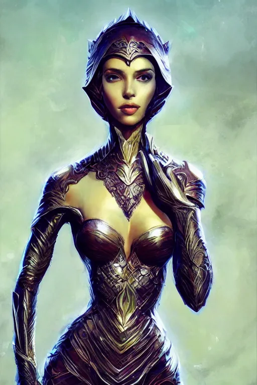 Image similar to three-quarters pose of a beautiful woman, slim body, shining armor, elf warrior, fantasy, intricate, elegant, highly detailed, digital painting, artstation, concept art, matte, sharp focus, illustration, art by Artgerm and Peter Andrew Jones