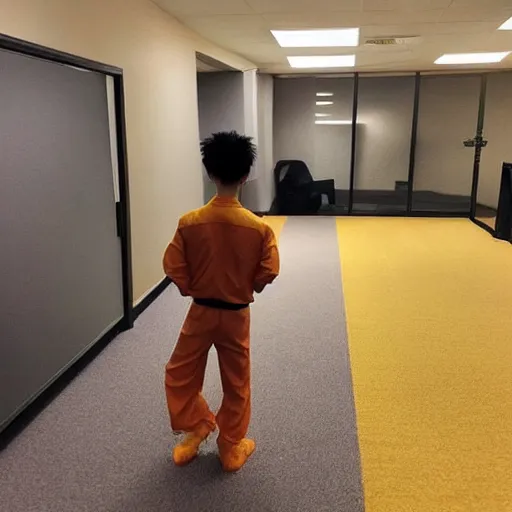 Prompt: low quality photo of real life version of son goku in the backrooms, mono - yellow old moist carpet randomly connected infinite empty office space yellow colors warm light scary