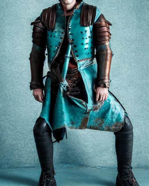 Prompt: an award - winning photo of a ancient male model wearing a baggy teal distressed medieval menswear leather jacket slightly inspired by medieval armour, 4 k, studio lighting, wide angle lens