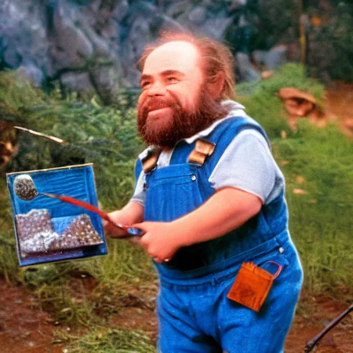 Image similar to a pudgy dwarf wearing blue overalls with a pocketful of gems holding a pickax, high resolution film still, HDR color, movie by Wolfgang Petersen and Peter Jackson