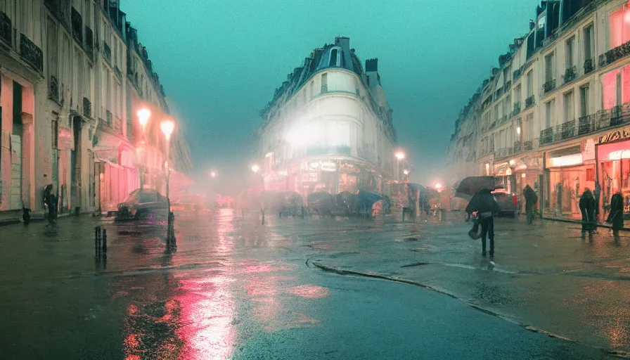 Image similar to street of paris photography, night, rain, mist, a pink umbrella on the street, cinestill 8 0 0 t, in the style of william eggleston