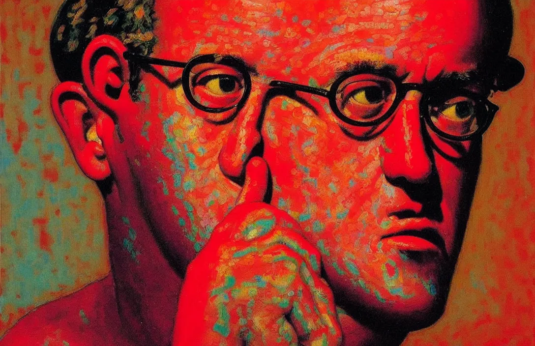 Prompt: portrait of keith haring american artist!!!!!!!!!!!!!!!!!!!!!!!!!!!, detailed face, detailed painting,, epic lighting, by ilya repin, phil hale and kent williams