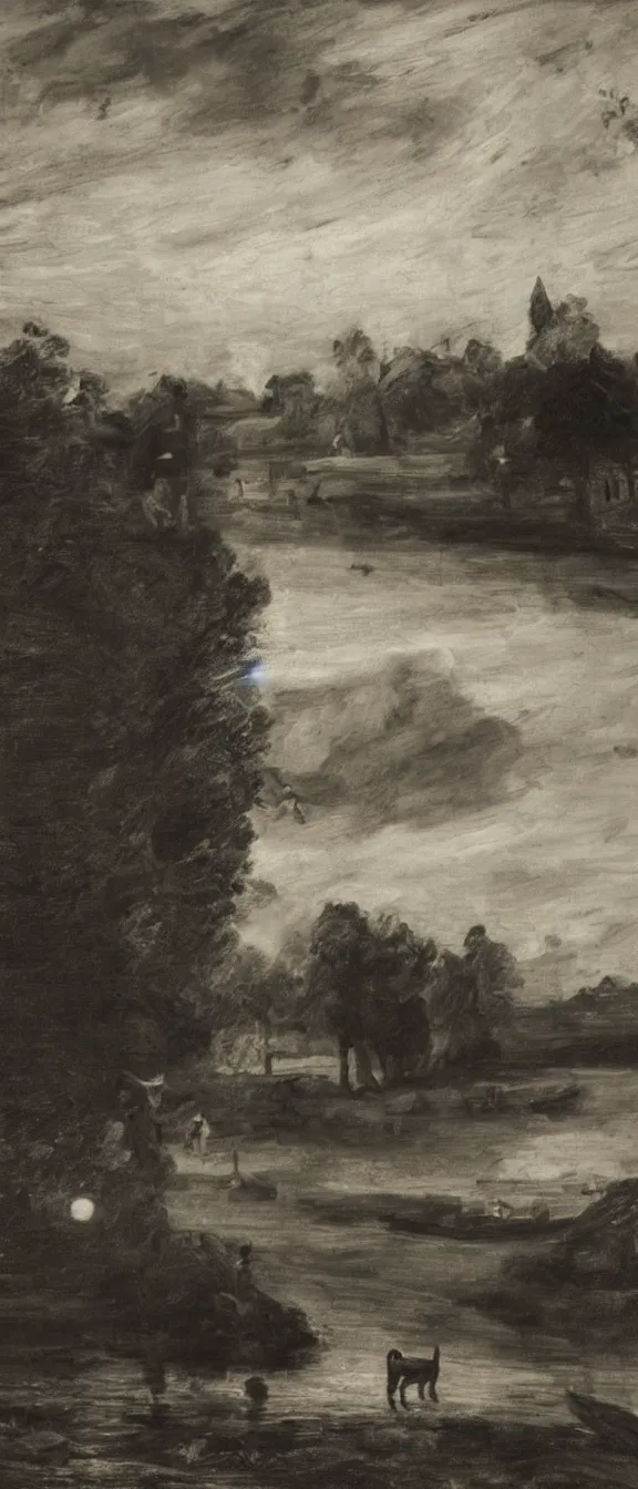 Prompt: a black and white cat floating over a river at dusk, low exposure, painting by john constable, pieter brueghel, dynamic lighting, beautiful render,