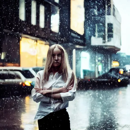 Image similar to a beautiful photo of a young woman in a white shirt in the rain outside in the street in a cyberpunk city