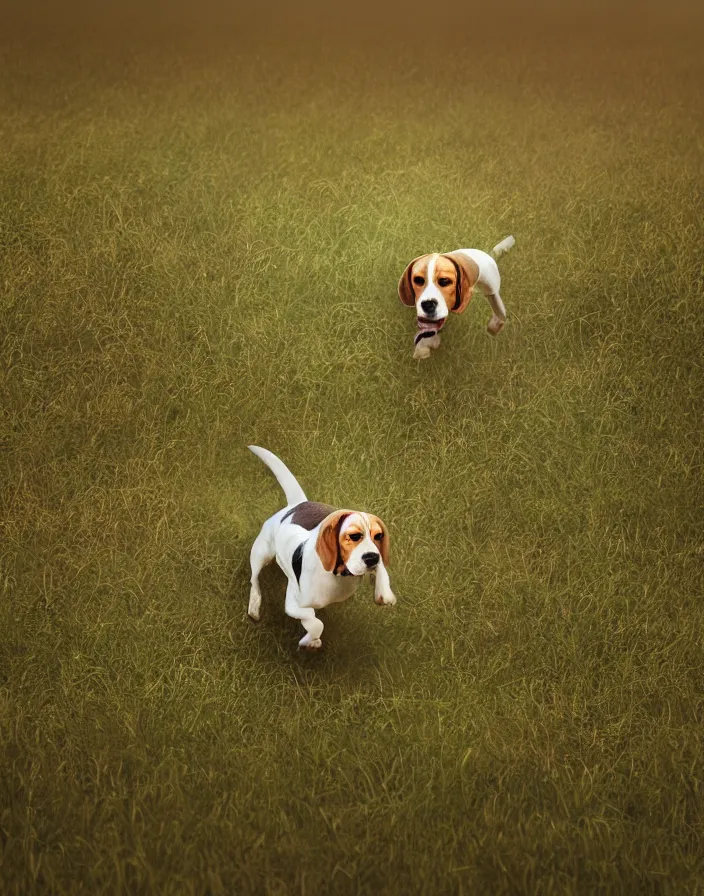 Image similar to a beagle running in a field . intricate artwork by art-station. octane render, cinematic, hyper realism, 8k, depth of field.