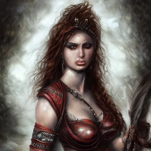 Prompt: vuloptuous female warrior, hyper realistic, in the style of luys royo
