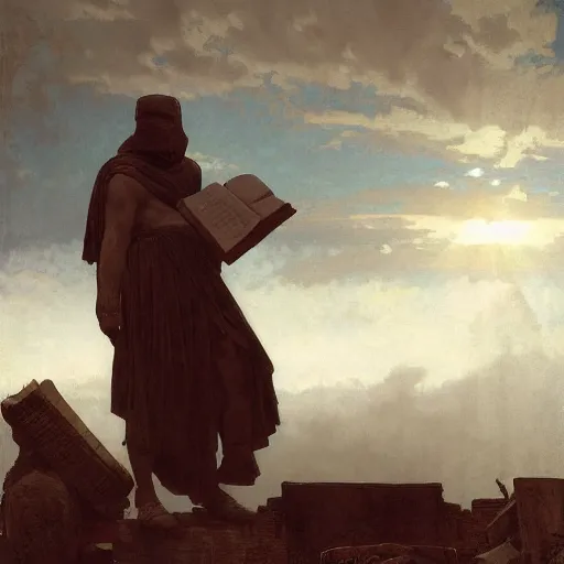 Image similar to half portait of magican wearing a closed cowl and big old book! chained to the wrist, jeremy mann, jean - leon gerome, tiepolo, alphonse mucha, greg rutkowski, face in the shadows, ( ( ruins of ancient rome ) ), at dusk, mysterious atmosphere, sunrays, dof, high detailed, 8 k
